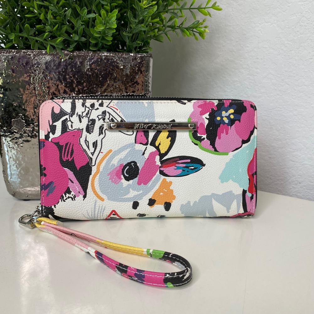 Betsey Johnson Wristlet Wallet Womens Multi Color Floral Graffiti Maximalist